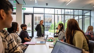 A group of students sit at a table with laptops. A woman in a blazer stands and talks to them.
