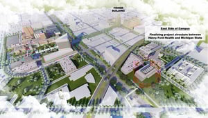 A 3D rendering of a map of a medical building site in Detroit.