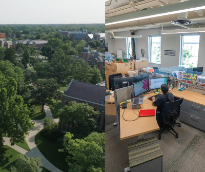 The left side is an aerial view of trees and buildings. The right side is cubicles in an office.