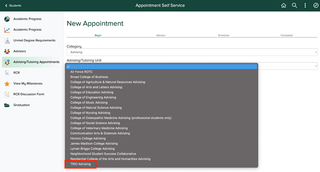Screenshot of the new advising appointment screen in SIS displaying the advising unit dropdown menu with TRIO highlighted