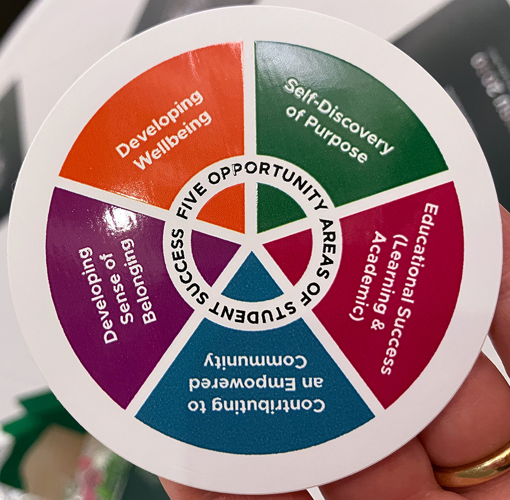 A circular sticker sits in someone's hand, a gold ring they are wearing viewable. An inner circle of the sticker reads 