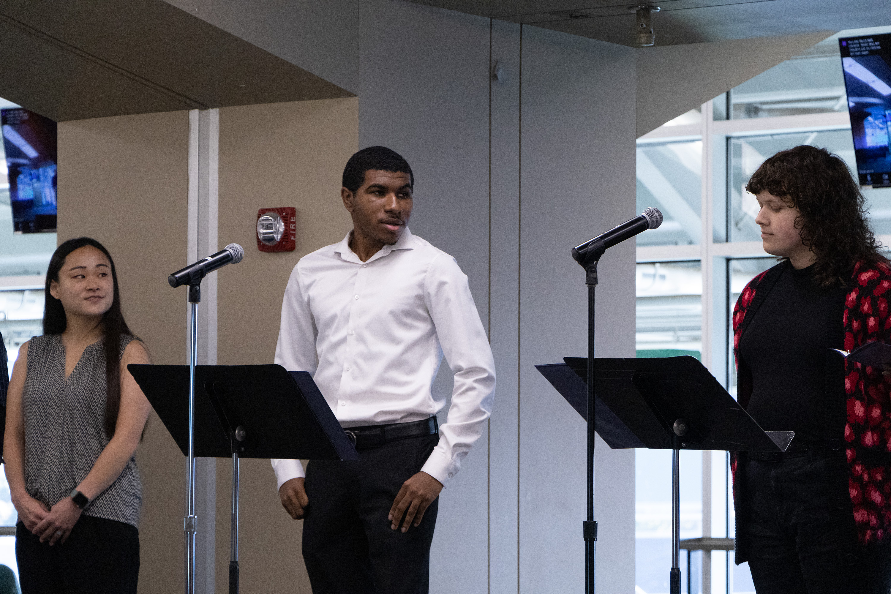 MSU Theater students perform a skit at microphones on the stage of the 2024 Student Success Launch.