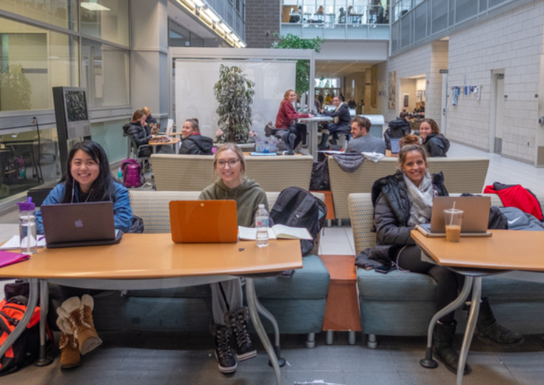 Friendly, smiling students with laptops in a shared study space.