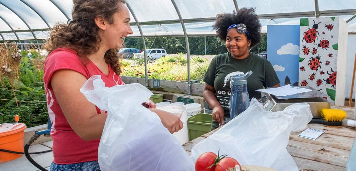 Bailey greenhouse students laughing while bagging vegetables