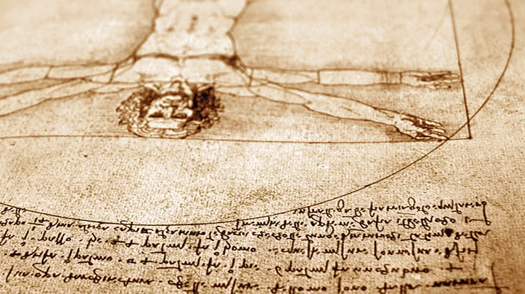 As studied by art history majors, the Vitruvian Man drawing by Leonardo da Vinci depicts his ideal human body proportions.
