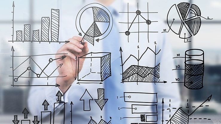 Charts and graphs of a quantitative risk analysis being drawn on a clear whiteboard by a man in a blue shirt and tie.