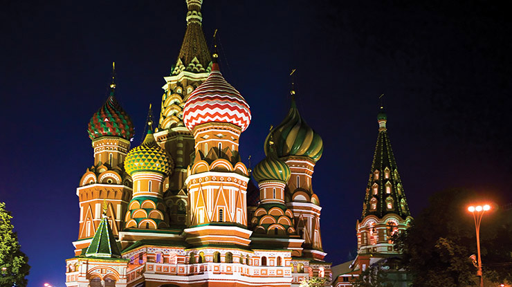 Saint Basil?s Cathedral illuminated at night, where Russian majors might one day visit.