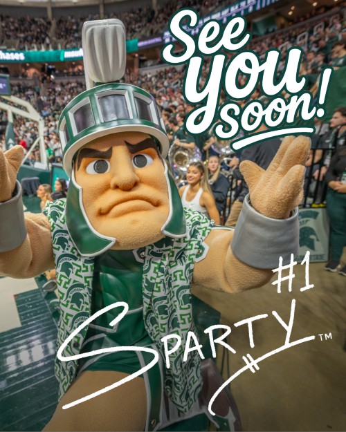 Thumbnail: Sparty mascot reaching toward the camera in the arena with the words “See you soon! Sparty #1.”