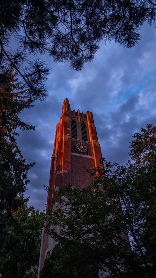 Thumbnail: Beaumont Tower at dusk, warmly lit and framed by dark tree branches.