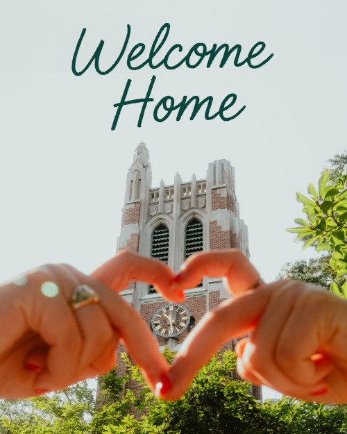 Thumbnail: Hands forming a heart with Beaumont Tower in the background and the words “Welcome Home.”