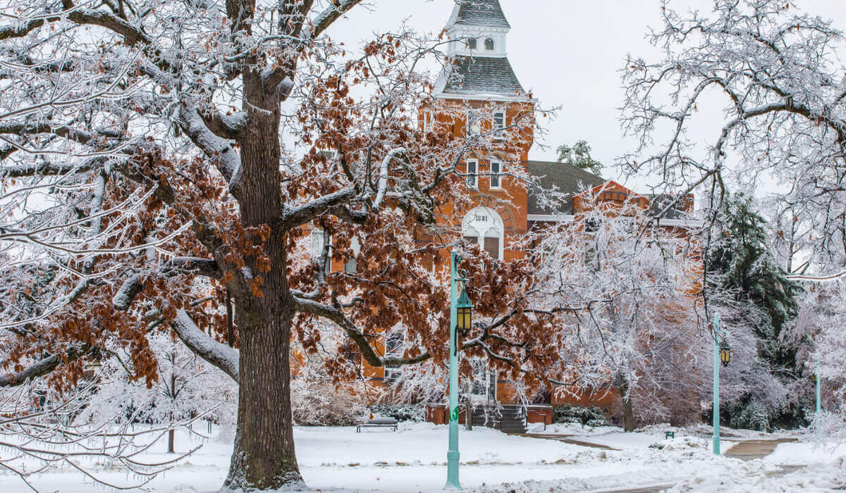 The exterior of Linton Hall covered in snow and surrounded by trees and teal lamp posts