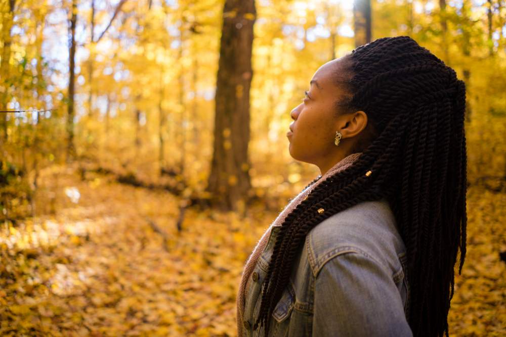 An MSU student surveys the golden fall leaves at Baker Woodlot