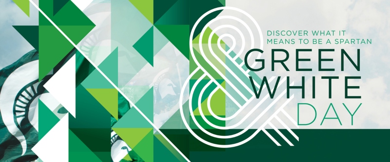 A graphic with Spartan helmets, green and white triangles and text that reads "Discover what it means to be a Spartan Green & White Day"