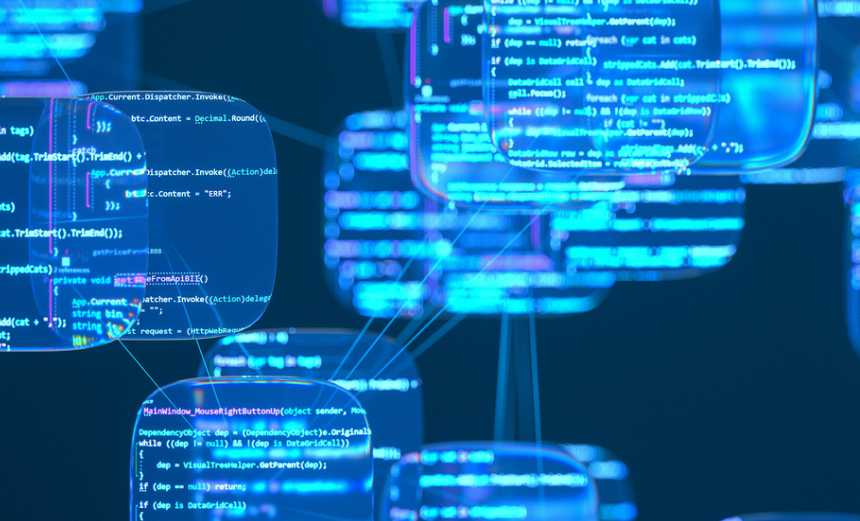 Multiple screens of code set against a dark background.