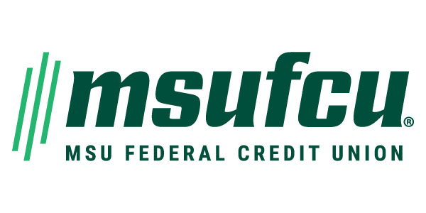 The logo of MSU Federal Credit Union (MSUFCU) features bold green text with three slanted green lines to the left, symbolizing financial growth and stability.