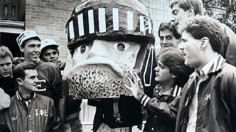 A papier-mâché Spartan head made by Theta Xi fraternity brothers, 1955.
