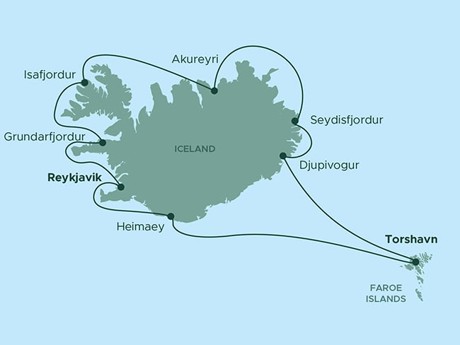 A map of Iceland highlighting key locations and travel routes. Marked destinations include Reykjavik, Akureyri, Seydisfjordur, Djupivogur, Grundarfjordur, Isafjordur, and Heimaey. The map also shows a route connecting Iceland to Torshavn in the Faroe Islands. Lines indicate travel paths around the coastline, emphasizing Iceland's geographic features and proximity to the North Atlantic Ocean.