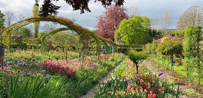 Claude Monet’s garden in Giverny, France, bursts with colorful spring flowers and arched trellises lining the path through lush greenery.