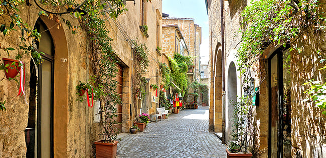 A narrow stone street in Orvieto, Italy, lined with ivy-covered medieval buildings, arched doorways, and potted plants.