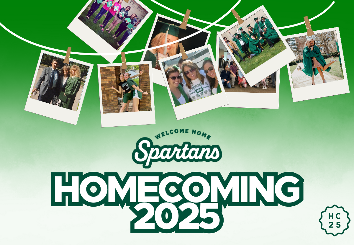 Graphic with photos of past alums on a string above text that reads "Welcome Home Spartans" "Homecoming 2025"