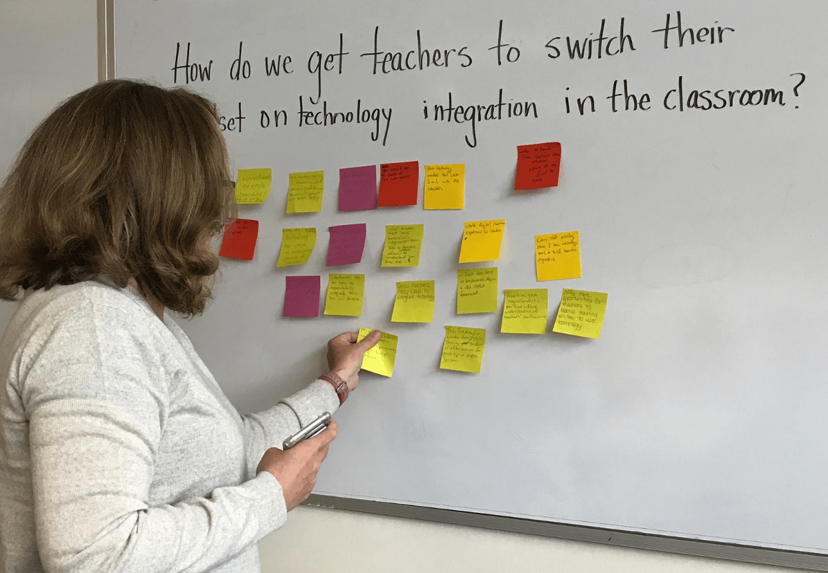 Student standing and placing sticky notes on a whiteboard. 