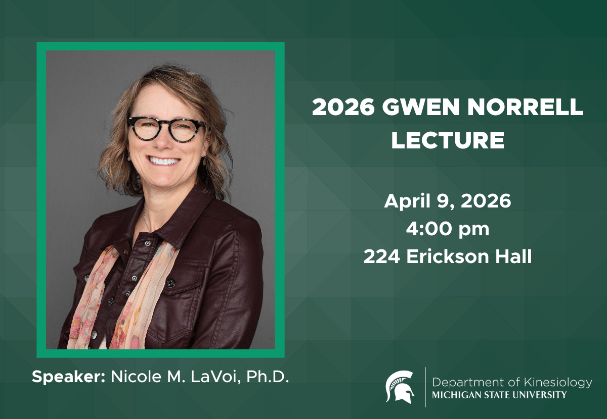 2026 Gwen Norrell Lecture graphic that includes a headshot of speaker Nichole LaVoi. LaVoi is wearing a dark jacket, light pink scarf and glasses. 