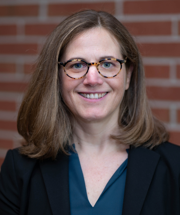 Lisa Linnenbrink-Garcia smiles for the camera while standing in front of a reddish brick wall. Lisa wears a blue blouse under a black blazer and tortoise-shell-colored glasses. Lisa's hair is an ashy blonde and falls about shoulder-length.
