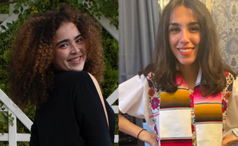 Side-by-side photos of two Spartans. One is wearing a black blouse and has dark brown shoulder-length curly hair. Another is wearing a white blouse with a multi-colored stoll and has shoulder-length brown hair.