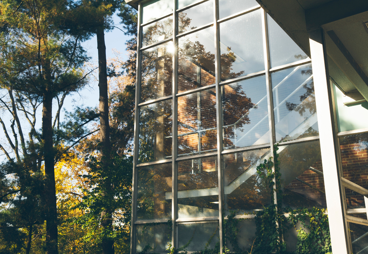 A close-up of Erickson Hall glass stairwell surrounded by fall trees
