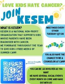 Join Kesem flier inviting students to join club meetings on Tuesdays at 7:30 PM