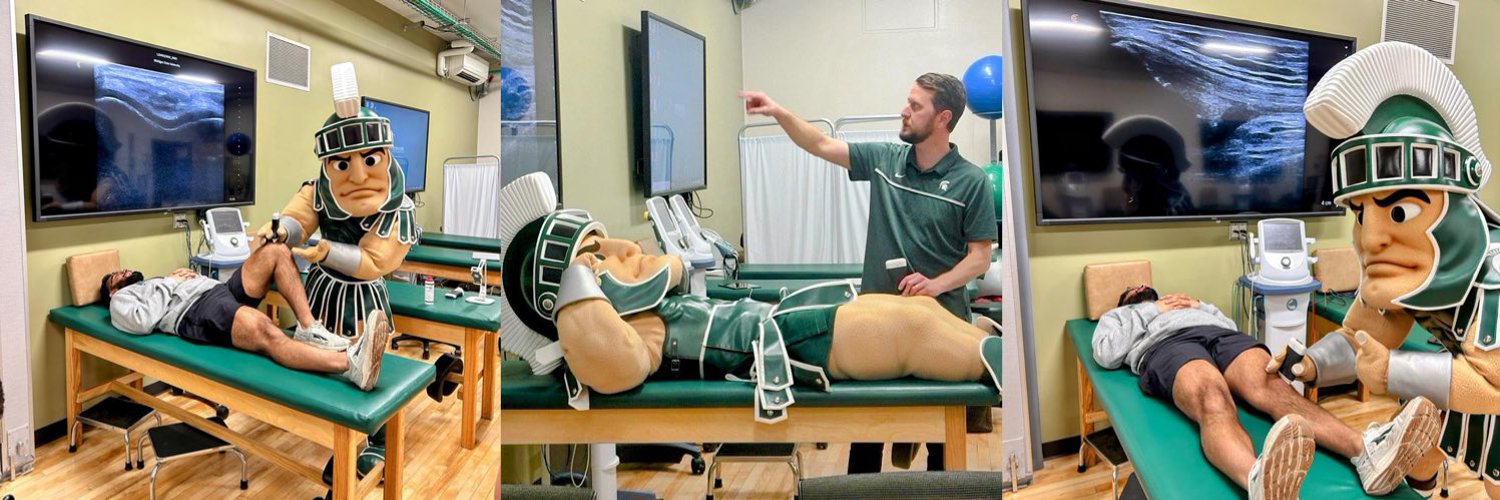 sparty conducting rehab on people laying on a table and showing xrays