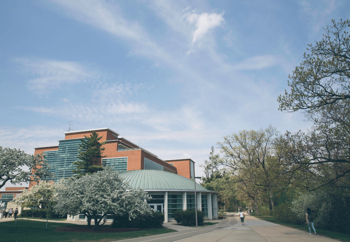 External view of Erickson Hall KIVA with magnolia trees in bloom