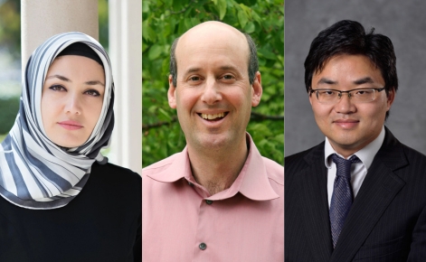 Three individuals are pictured in a side-by-side collage. On the left is a woman wearing a striped hijab and a black top, looking into the camera with a serene expression. In the center is a man with a bald head, wearing a light pink button-down shirt, smiling warmly with greenery in the background. On the right is a man wearing glasses and a black suite and tie looking directly into the camera against a gray backdrop.