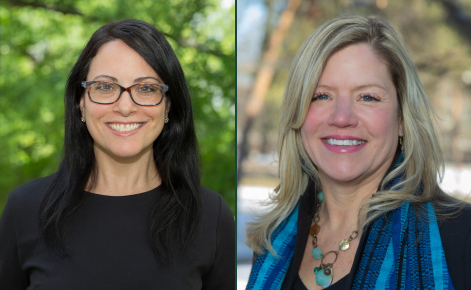 Alt text: "Side-by-side portraits of two professional women. The woman on the left has long black hair, glasses, and is wearing a black top, smiling in front of a background with green foliage. The woman on the right has shoulder-length blonde hair, is wearing a blue scarf and a necklace, and is smiling in front of a background with trees and a hint of snow.
