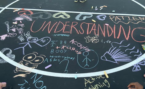 A chalk drawing on a blacktop surface featuring colorful words, symbols, and illustrations. The word "UNDERSTANDING" is prominently written in large red letters, surrounded by other words like "PATIENT," "ACCEPTING," and "ACTIVE LISTENING." Various drawings, including stick figures, hearts, and abstract designs, are scattered around the artwork. Several pieces of chalk and partial views of people’s hands and feet are visible around the edges.