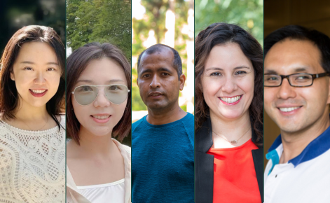 A composite image featuring five individuals in separate vertical sections. Each person is photographed outdoors or in a well-lit indoor setting, with varied backgrounds including greenery and architectural elements. They are dressed in casual or business casual attire, with some wearing glasses. The individuals have different facial expressions, ranging from smiles to neutral expressions.