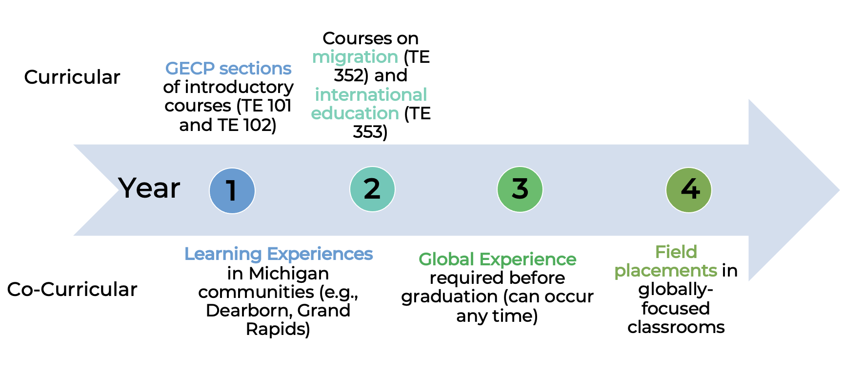 arrow flow chart showing the years and experiences associated with each year