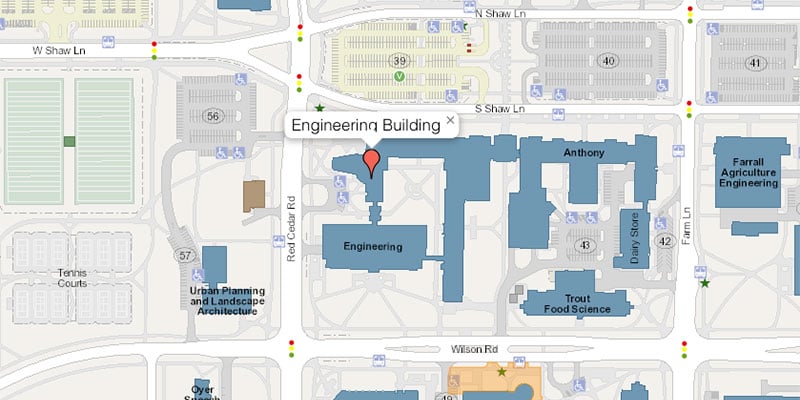 Screenshot of the MSU interactive map showing the College of Engineering. The image links to the MSU interactive map