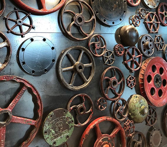 close up of old gears that are in the STEM building