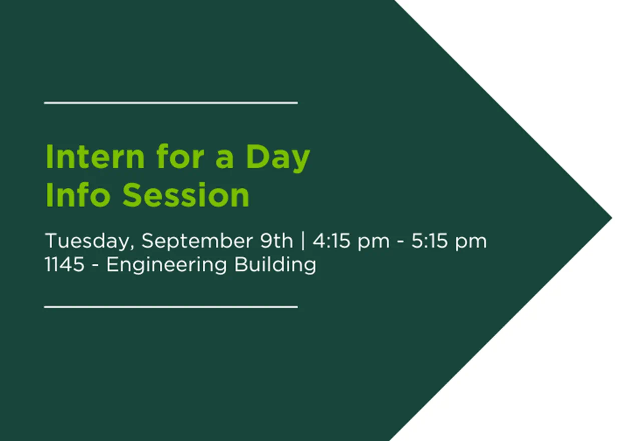 graphic that reads "Intern for a Day Info Session" with smaller text that has info on the date, time and location