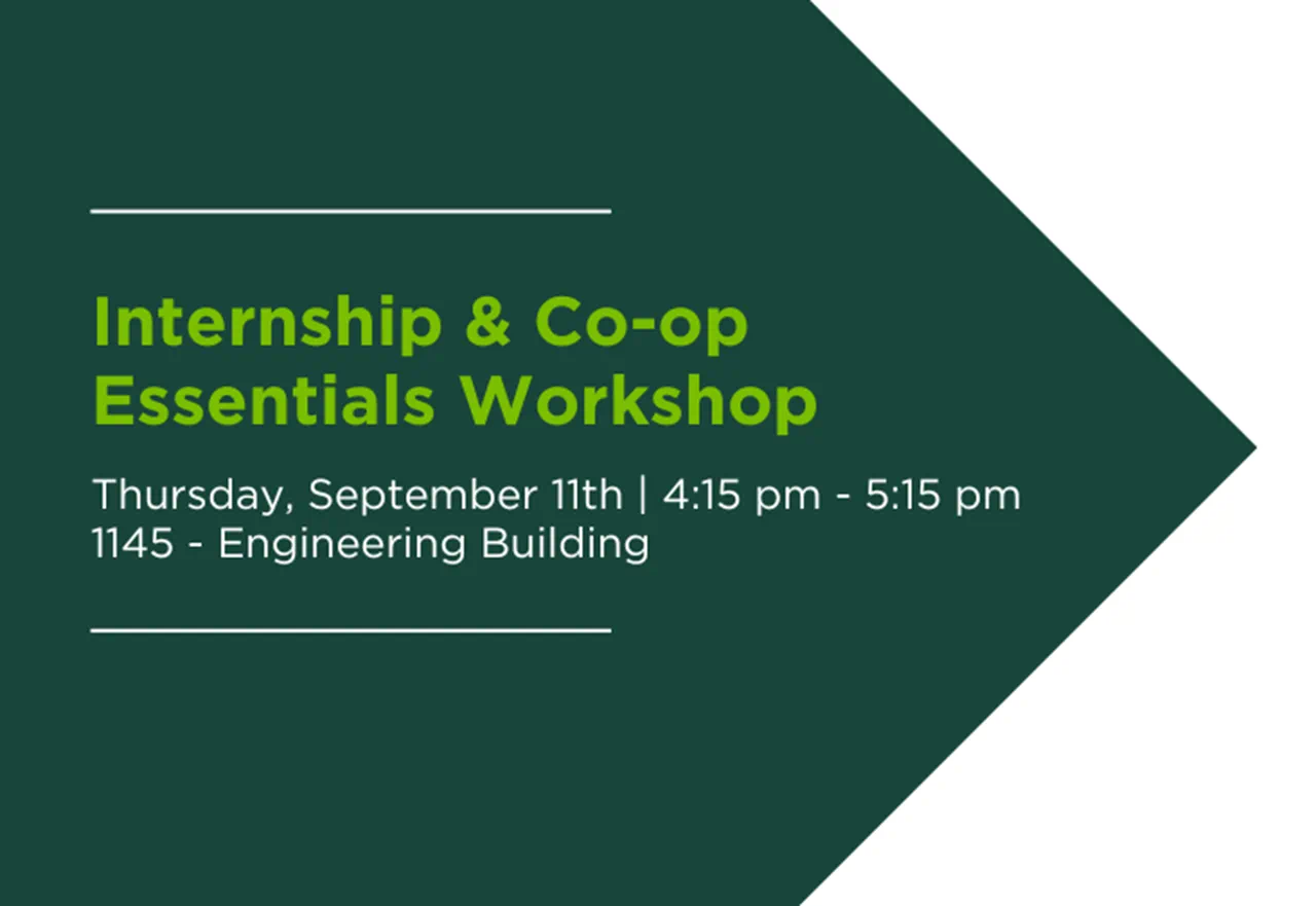 Graphic with the text "Internship & Co-op Essentials Workshop" and in smaller text is info on the date, place and time