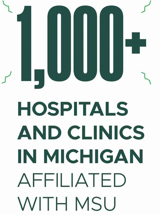 A white graphics that has green text that says: 1,000+ hospitals and clinics in Michigan affiliated with MSU.