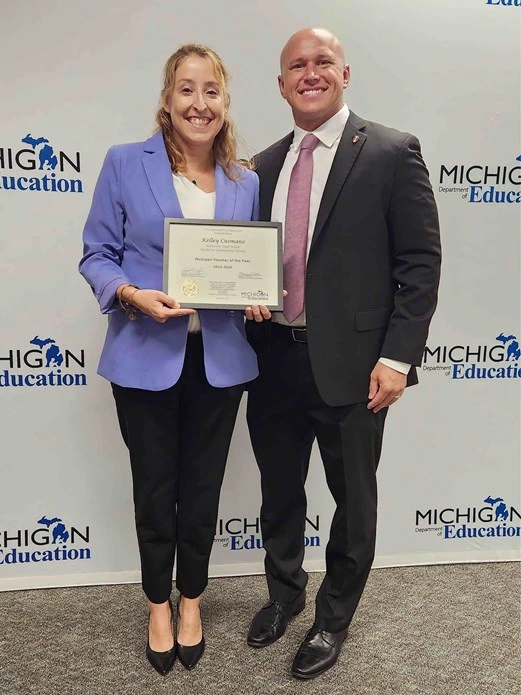 English teacher Kelley Cusmano (pictured with her school’s principal, fellow MSU graduate Joshua Wrinkle) is the 2024 Michigan Teacher of Year. Nine Spartan educators have received the honor over the last 30 years. Courtesy photo.