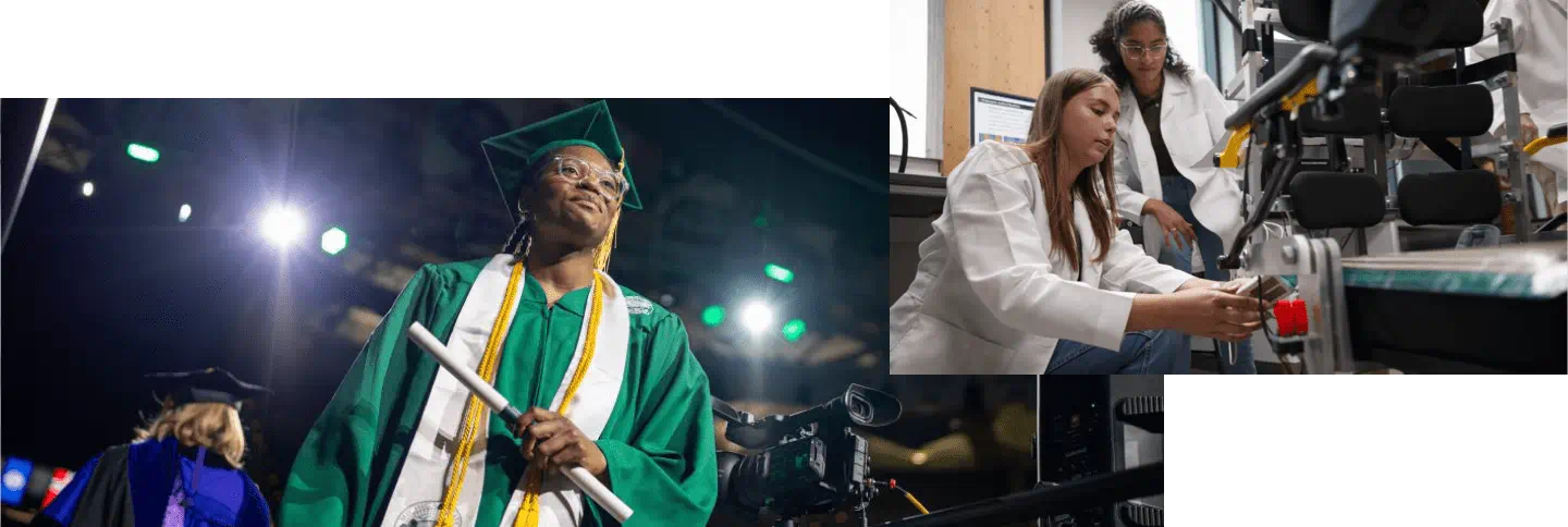 Two photos are overlapping. One is of a student in a green cap and gown receiving their diploma; the other is of two researchers in white coats in a lab.