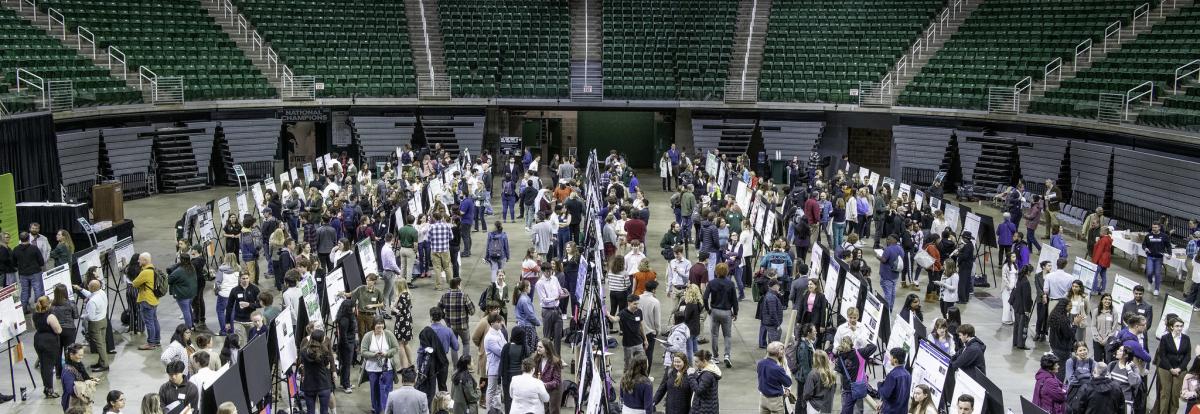 Wide shot of auditorium floor filled with people presenting their posters to the crowd.