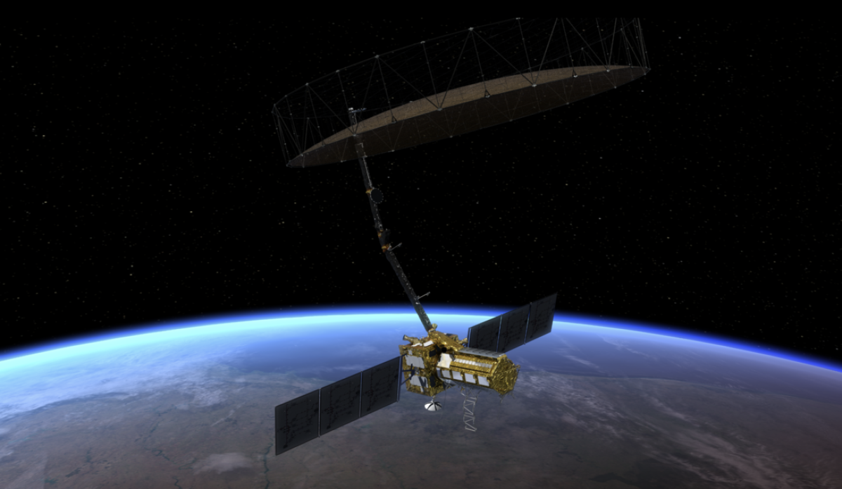 Satellite in space flying over the Earth.