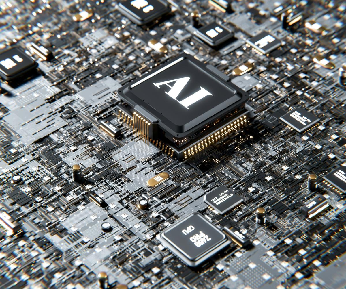 Close-up of a computer motherboard with various chips, circuits, and connectors; a prominent component is labeled 'AI', signifying artificial intelligence capabilities.