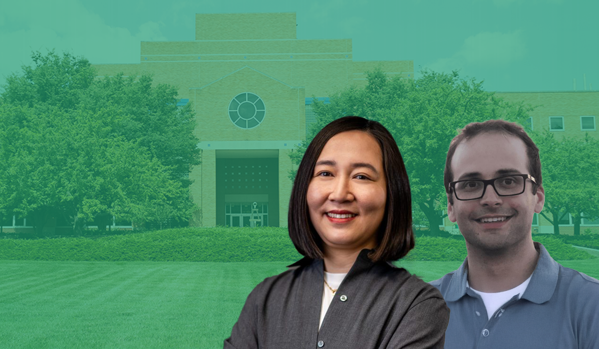 Two people smiling, in the background is a picture of the Engineering Building with a green wash over it.