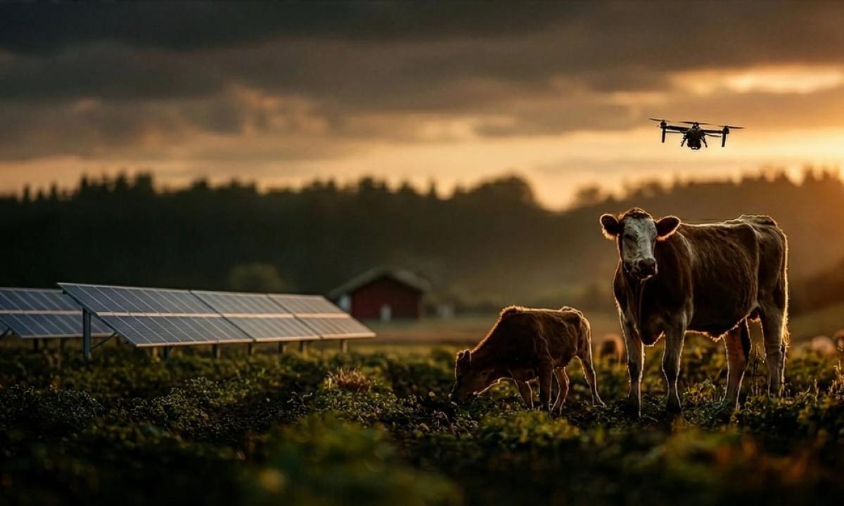 Field scene with animals, drone and yellowish sunset.