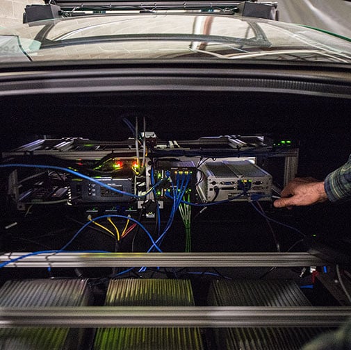 close up of the MSU mobility car's engine. 